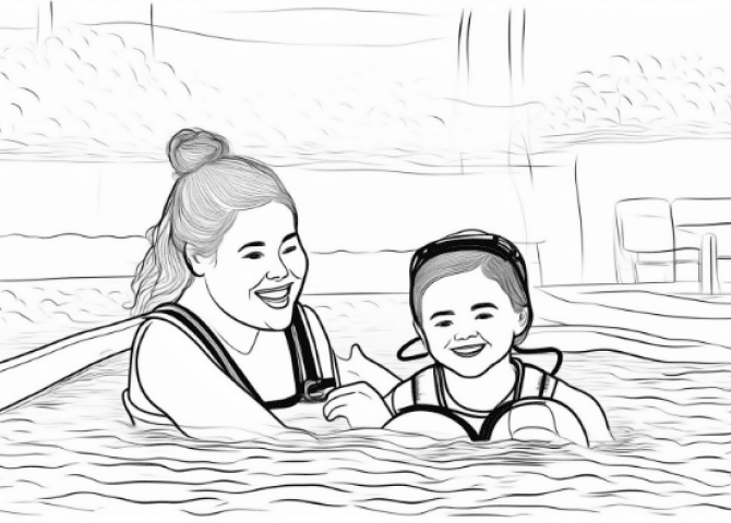  Her daughter Lisa's first swimming lesson 