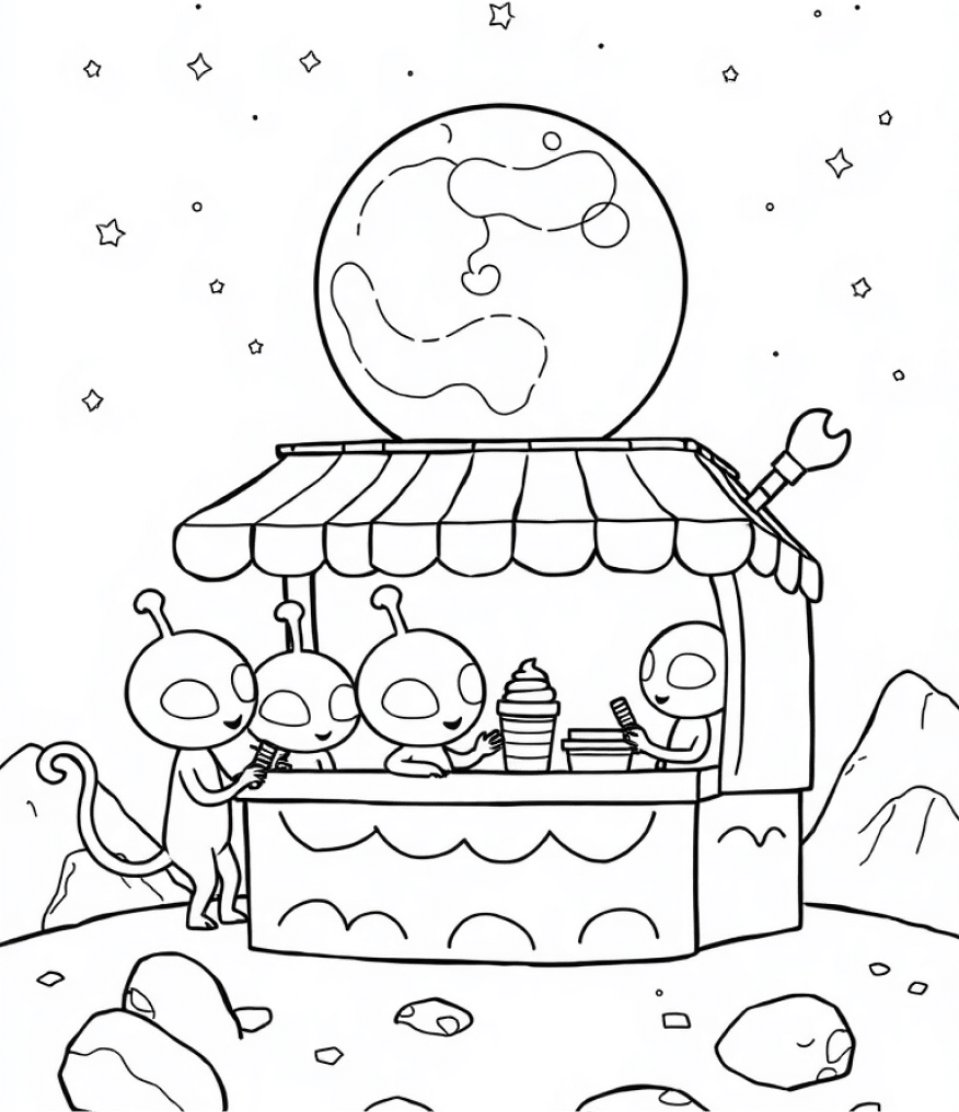 Four aliens buying ice cream on the moon, with a background of starry sky and a big moon 