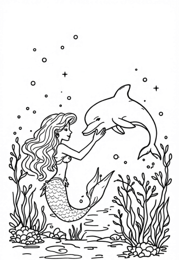 Mermaid encountering a dolphin in the deep ocean